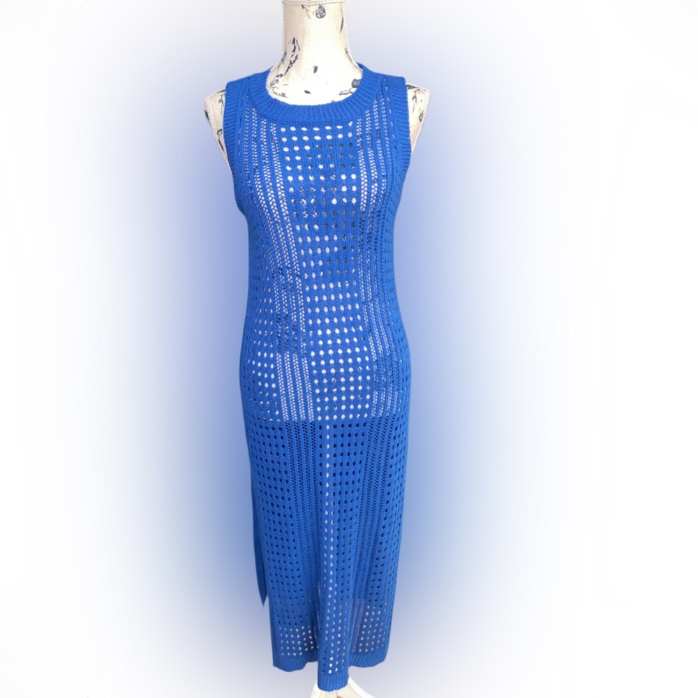 Blue Crochet Knit Sleeveless Maxi Dress | Side Slits | Swim Cover-Up | S | EUC
